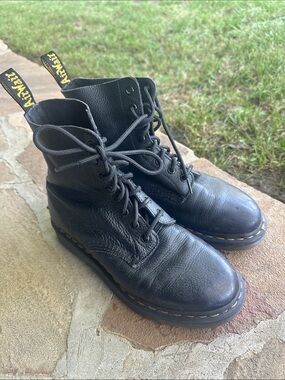 Dr. Martens Black Leather 8-Eye Lace-Up Boots with Yellow Heel Loop